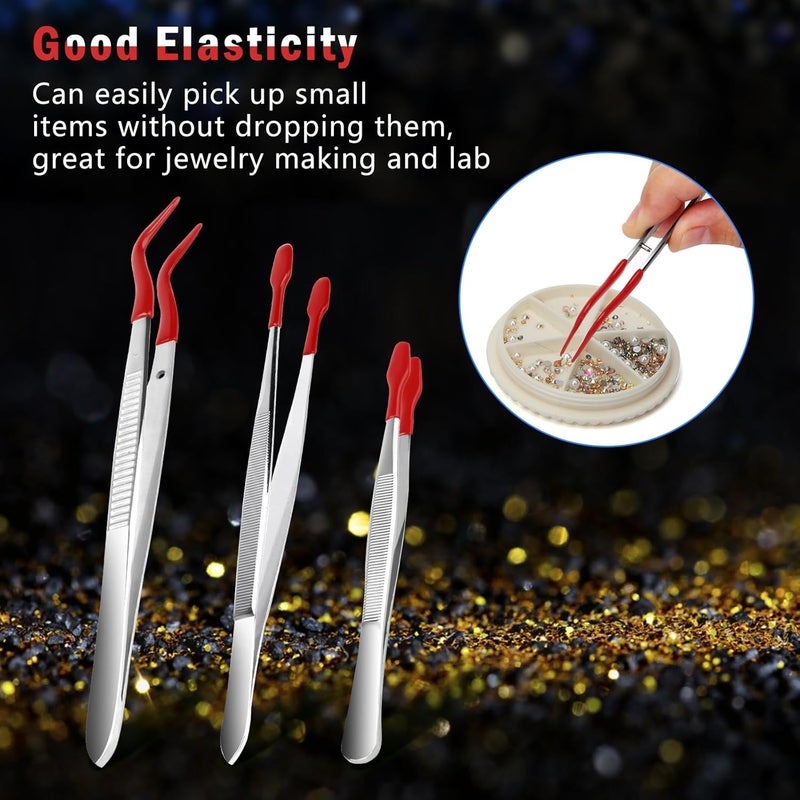 Anglekai 3PCS Tip Tweezers, Silicone Rubber Flat Tipped Tweezers Bent Tip for Jewelry Coin Stamp (Red) - Image 4